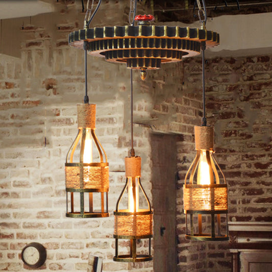 3-Light Rope and Metal Hanging Chandelier Industrial Bronze Bottle Dining Room Pendant Light Fixture with Gear Clearhalo 'Cast Iron' 'Ceiling Lights' 'Chandeliers' 'Industrial Chandeliers' 'Industrial' 'Metal' 'Middle Century Chandeliers' 'Rustic Chandeliers' 'Tiffany' Lighting' 209180