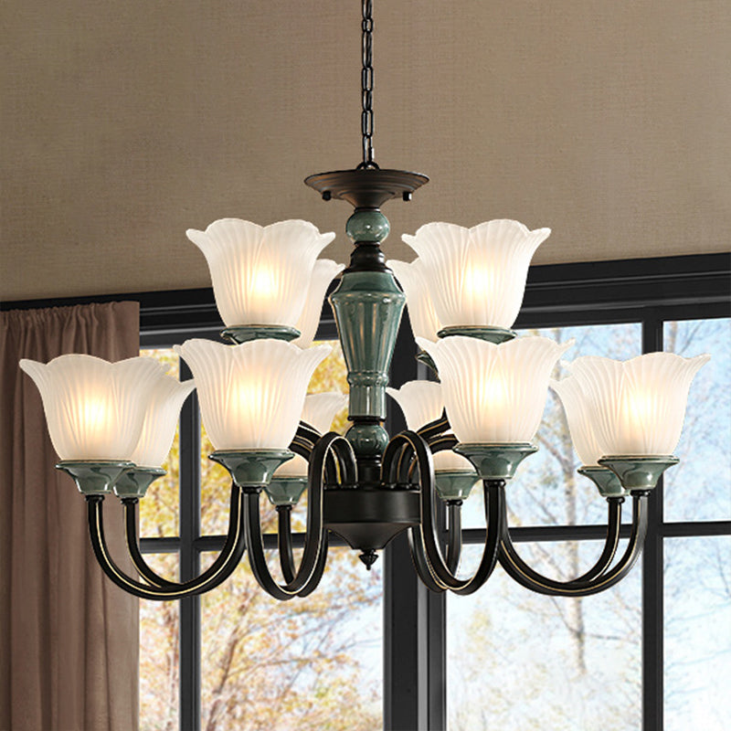 Blackish Green Floral Suspension Light Rustic Frosted Glass Living Room Chandelier Light with Curved Arm 12 Blackish Green Clearhalo 'Ceiling Lights' 'Chandeliers' 'Glass shade' 'Glass' 'Island Lights' Lighting' 2091815