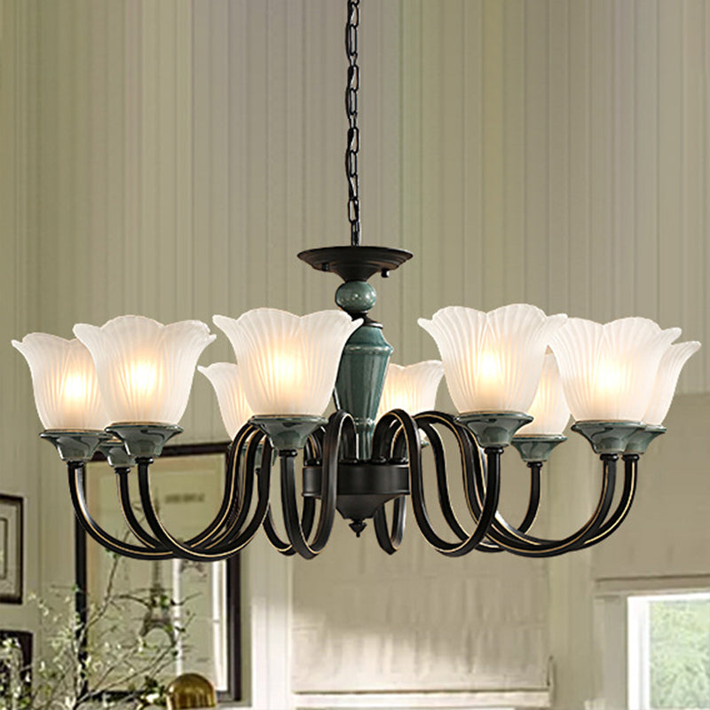 Blackish Green Floral Suspension Light Rustic Frosted Glass Living Room Chandelier Light with Curved Arm 10 Blackish Green Clearhalo 'Ceiling Lights' 'Chandeliers' 'Glass shade' 'Glass' 'Island Lights' Lighting' 2091816