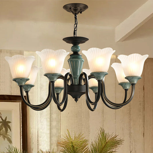 Blackish Green Floral Suspension Light Rustic Frosted Glass Living Room Chandelier Light with Curved Arm 8 Blackish Green Clearhalo 'Ceiling Lights' 'Chandeliers' 'Glass shade' 'Glass' 'Island Lights' Lighting' 2091817