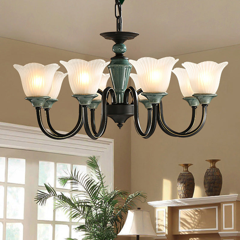 Blackish Green Floral Suspension Light Rustic Frosted Glass Living Room Chandelier Light with Curved Arm Clearhalo 'Ceiling Lights' 'Chandeliers' 'Glass shade' 'Glass' 'Island Lights' Lighting' 2091819