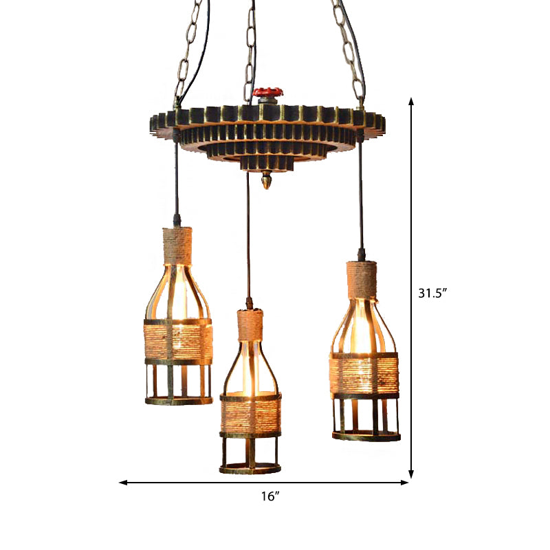 3-Light Rope and Metal Hanging Chandelier Industrial Bronze Bottle Dining Room Pendant Light Fixture with Gear Clearhalo 'Cast Iron' 'Ceiling Lights' 'Chandeliers' 'Industrial Chandeliers' 'Industrial' 'Metal' 'Middle Century Chandeliers' 'Rustic Chandeliers' 'Tiffany' Lighting' 209182
