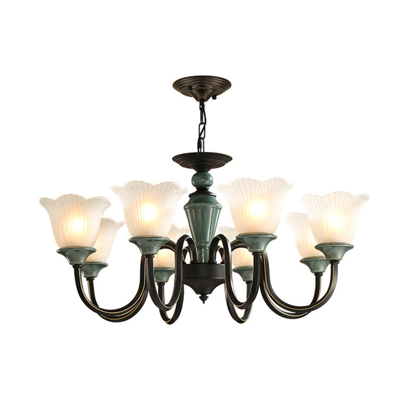 Blackish Green Floral Suspension Light Rustic Frosted Glass Living Room Chandelier Light with Curved Arm Clearhalo 'Ceiling Lights' 'Chandeliers' 'Glass shade' 'Glass' 'Island Lights' Lighting' 2091820