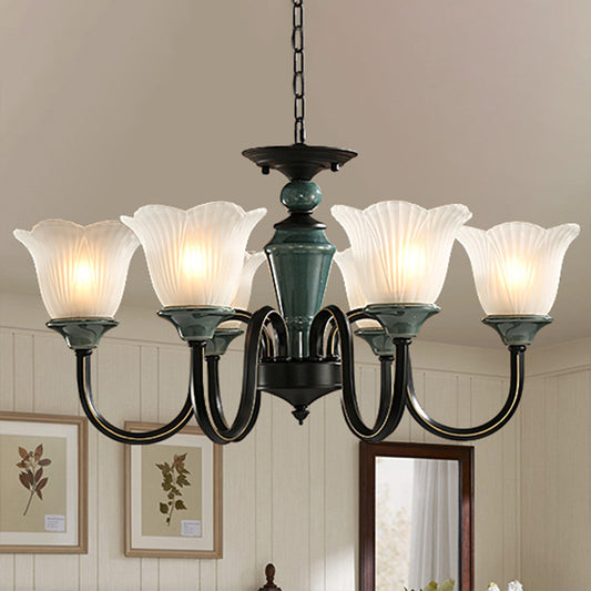Blackish Green Floral Suspension Light Rustic Frosted Glass Living Room Chandelier Light with Curved Arm 6 Blackish Green Clearhalo 'Ceiling Lights' 'Chandeliers' 'Glass shade' 'Glass' 'Island Lights' Lighting' 2091821