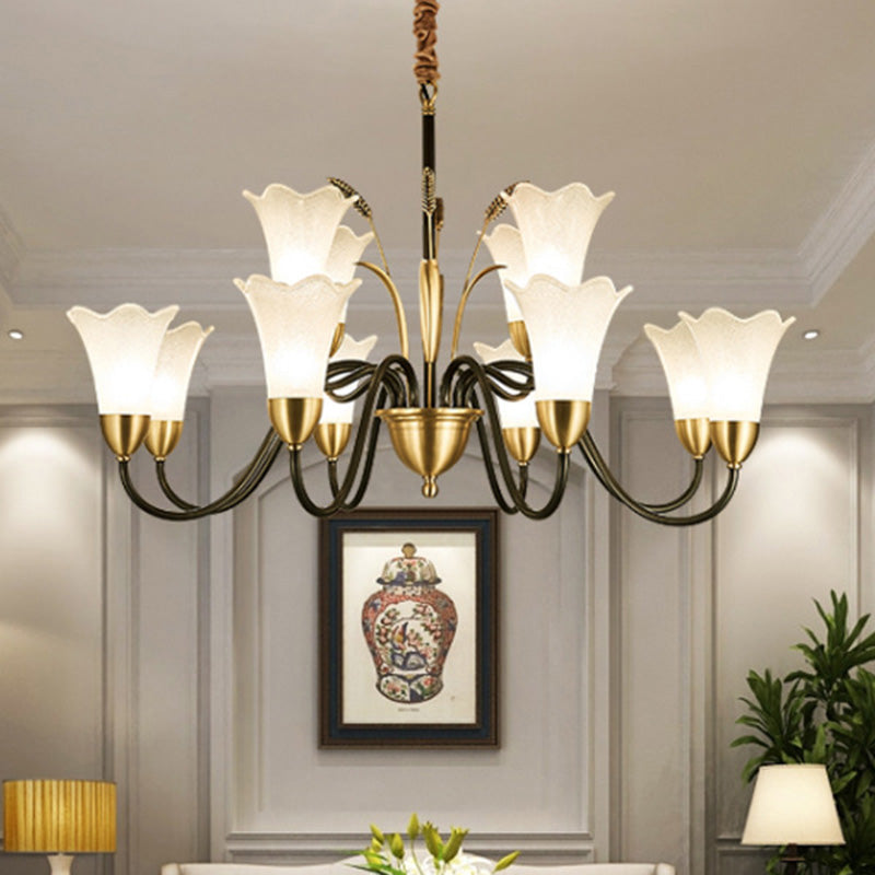 Flower Dining Room Chandelier Lighting Classic Cream Frosted Glass Gold Pendant Light 12 Gold Clearhalo 'Ceiling Lights' 'Chandeliers' 'Glass shade' 'Glass' Lighting' 2091823