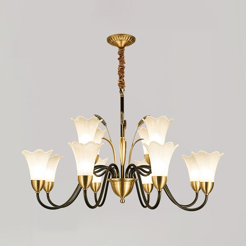 Flower Dining Room Chandelier Lighting Classic Cream Frosted Glass Gold Pendant Light Clearhalo 'Ceiling Lights' 'Chandeliers' 'Glass shade' 'Glass' Lighting' 2091824
