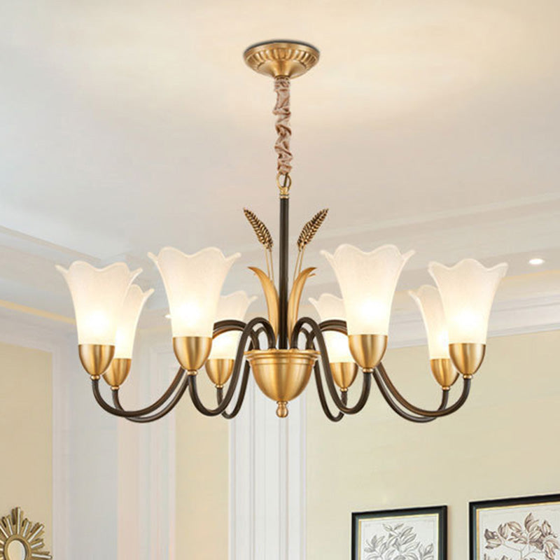 Flower Dining Room Chandelier Lighting Classic Cream Frosted Glass Gold Pendant Light 8 Gold Clearhalo 'Ceiling Lights' 'Chandeliers' 'Glass shade' 'Glass' Lighting' 2091825