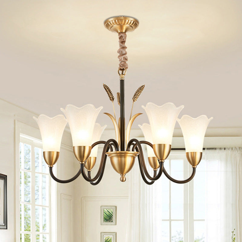 Flower Dining Room Chandelier Lighting Classic Cream Frosted Glass Gold Pendant Light 6 Gold Clearhalo 'Ceiling Lights' 'Chandeliers' 'Glass shade' 'Glass' Lighting' 2091827