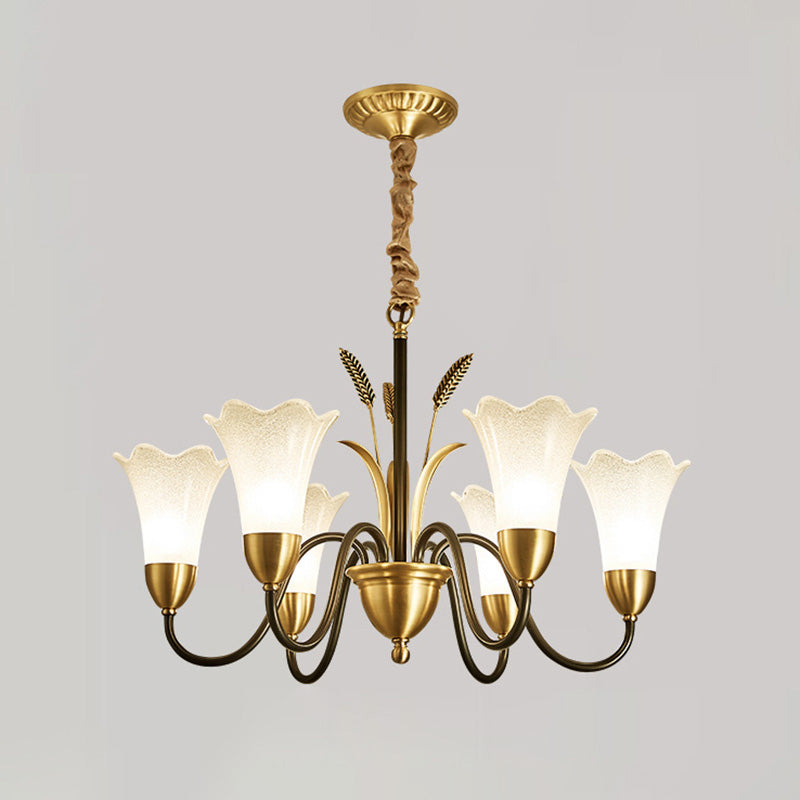 Flower Dining Room Chandelier Lighting Classic Cream Frosted Glass Gold Pendant Light Clearhalo 'Ceiling Lights' 'Chandeliers' 'Glass shade' 'Glass' Lighting' 2091828