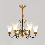 Flower Dining Room Chandelier Lighting Classic Cream Frosted Glass Gold Pendant Light Clearhalo 'Ceiling Lights' 'Chandeliers' 'Glass shade' 'Glass' Lighting' 2091828