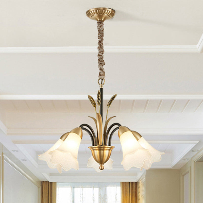 Flower Dining Room Chandelier Lighting Classic Cream Frosted Glass Gold Pendant Light 5 Gold Clearhalo 'Ceiling Lights' 'Chandeliers' 'Glass shade' 'Glass' Lighting' 2091829