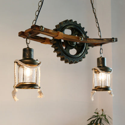 2 Lights Ceiling Light Coastal Kerosene Clear Glass Hanging Chandelier in Bronze with Gear Bronze Clearhalo 'Cast Iron' 'Ceiling Lights' 'Chandeliers' 'Industrial Chandeliers' 'Industrial' 'Metal' 'Middle Century Chandeliers' 'Rustic Chandeliers' 'Tiffany' Lighting' 209183