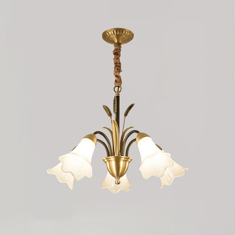 Flower Dining Room Chandelier Lighting Classic Cream Frosted Glass Gold Pendant Light Clearhalo 'Ceiling Lights' 'Chandeliers' 'Glass shade' 'Glass' Lighting' 2091830