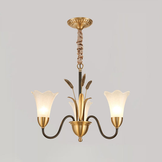 Flower Dining Room Chandelier Lighting Classic Cream Frosted Glass Gold Pendant Light 3 Gold Clearhalo 'Ceiling Lights' 'Chandeliers' 'Glass shade' 'Glass' Lighting' 2091831