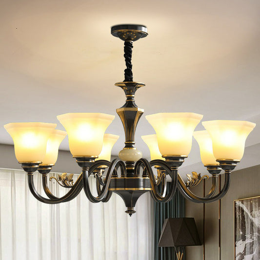 Black Ceiling Lighting Traditional Iron Curved Arm Chandelier Light Fixture with Flared Frosted Glass Shade Clearhalo 'Ceiling Lights' 'Chandeliers' Lighting' options 2091834
