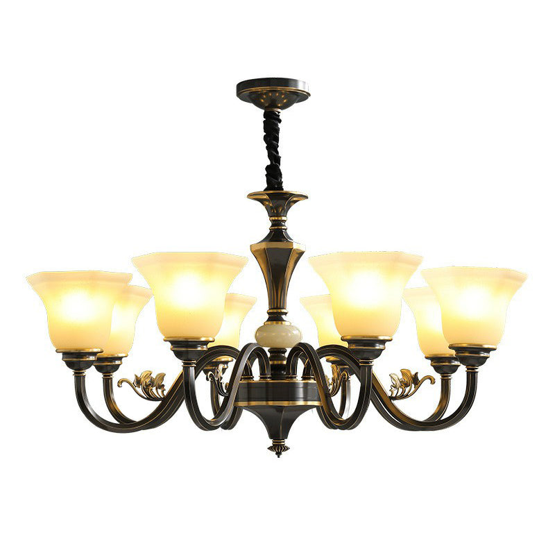 Black Ceiling Lighting Traditional Iron Curved Arm Chandelier Light Fixture with Flared Frosted Glass Shade Clearhalo 'Ceiling Lights' 'Chandeliers' Lighting' options 2091836