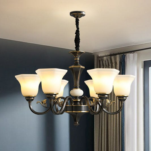 Black Ceiling Lighting Traditional Iron Curved Arm Chandelier Light Fixture with Flared Frosted Glass Shade Clearhalo 'Ceiling Lights' 'Chandeliers' Lighting' options 2091837