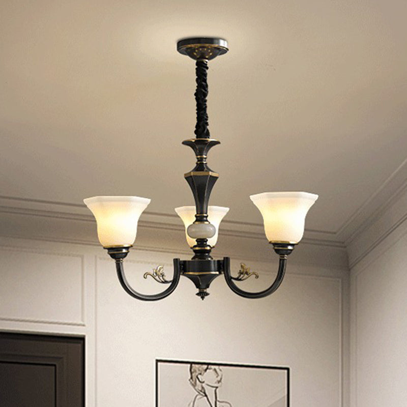 Black Ceiling Lighting Traditional Iron Curved Arm Chandelier Light Fixture with Flared Frosted Glass Shade Clearhalo 'Ceiling Lights' 'Chandeliers' Lighting' options 2091838
