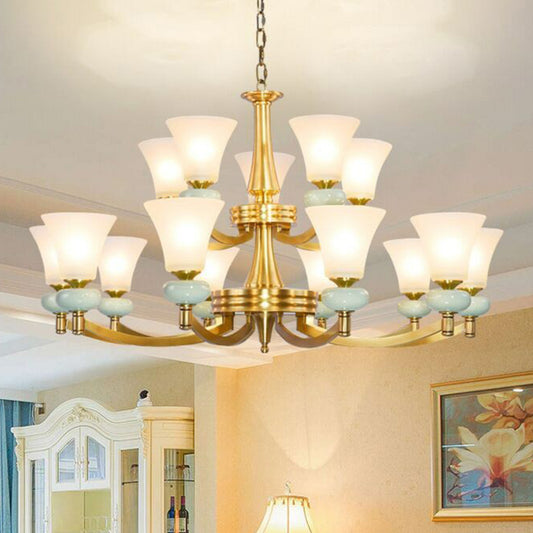 Vintage Flared Shade Chandelier Pendant Light Frosted Glass Hanging Light in Gold for Living Room 15 Gold Clearhalo 'Ceiling Lights' 'Chandeliers' 'Glass shade' 'Glass' Lighting' 2091839