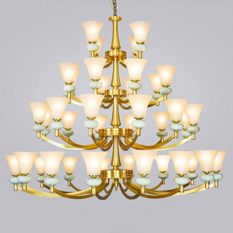 Vintage Flared Shade Chandelier Pendant Light Frosted Glass Hanging Light in Gold for Living Room 40 Gold Clearhalo 'Ceiling Lights' 'Chandeliers' 'Glass shade' 'Glass' Lighting' 2091840