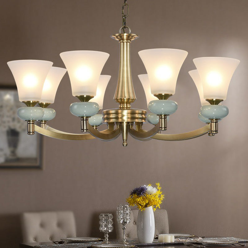 Vintage Flared Shade Chandelier Pendant Light Frosted Glass Hanging Light in Gold for Living Room 8 Gold Clearhalo 'Ceiling Lights' 'Chandeliers' 'Glass shade' 'Glass' Lighting' 2091842