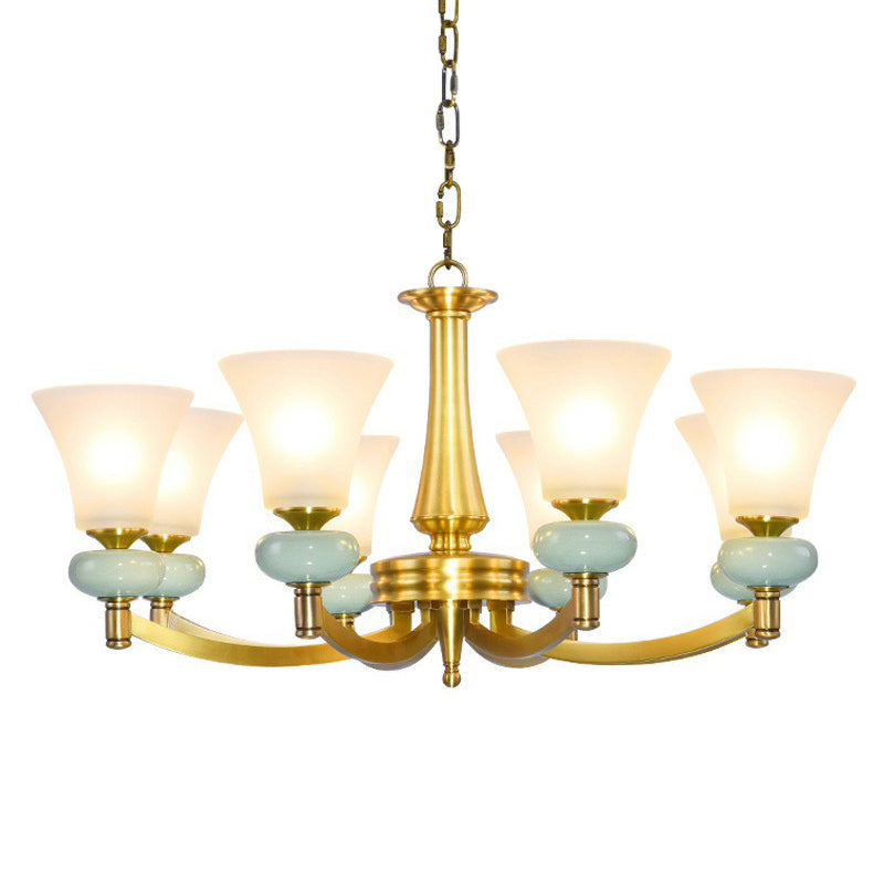 Vintage Flared Shade Chandelier Pendant Light Frosted Glass Hanging Light in Gold for Living Room Clearhalo 'Ceiling Lights' 'Chandeliers' 'Glass shade' 'Glass' Lighting' 2091843