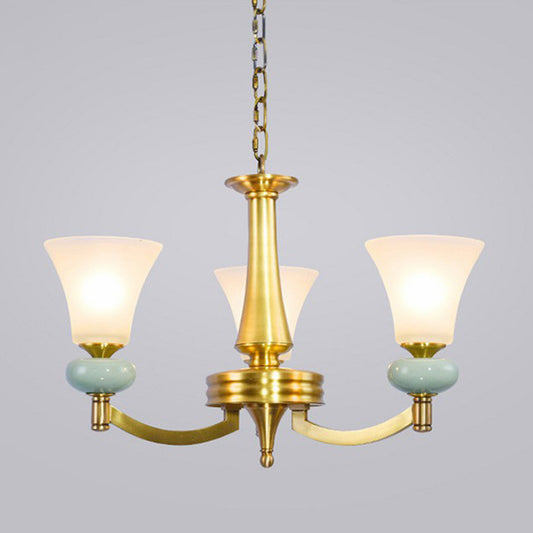 Vintage Flared Shade Chandelier Pendant Light Frosted Glass Hanging Light in Gold for Living Room 3 Gold Clearhalo 'Ceiling Lights' 'Chandeliers' 'Glass shade' 'Glass' Lighting' 2091844