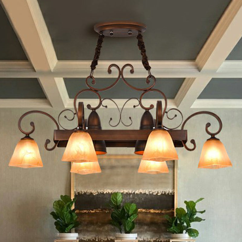 Swirled Arm Dining Room Chandelier Lighting Classic Metal Copper Pendant Light with Bell Beige Glass Shade Clearhalo 'Ceiling Lights' 'Chandeliers' Lighting' options 2091859