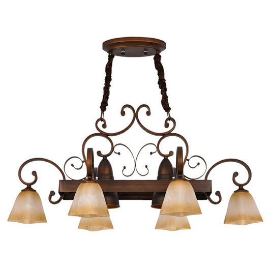 Swirled Arm Dining Room Chandelier Lighting Classic Metal Copper Pendant Light with Bell Beige Glass Shade Clearhalo 'Ceiling Lights' 'Chandeliers' Lighting' options 2091861