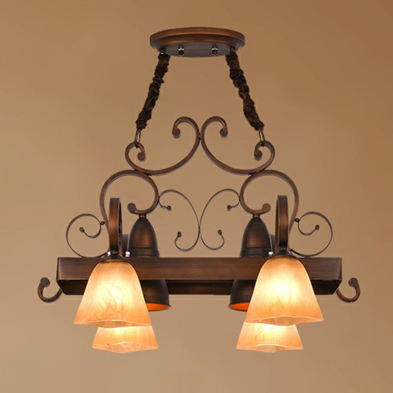 Swirled Arm Dining Room Chandelier Lighting Classic Metal Copper Pendant Light with Bell Beige Glass Shade Clearhalo 'Ceiling Lights' 'Chandeliers' Lighting' options 2091862