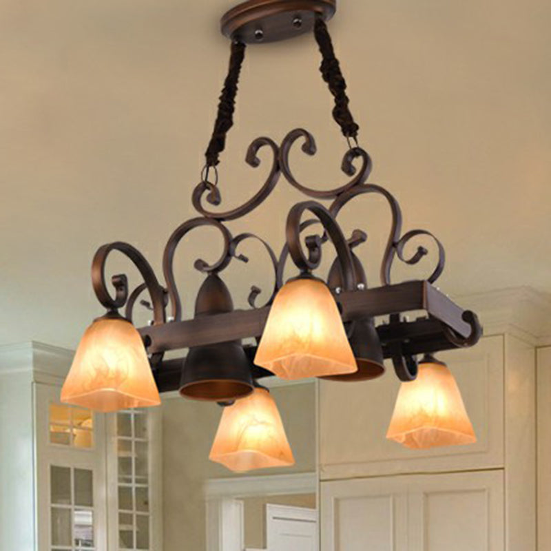 Swirled Arm Dining Room Chandelier Lighting Classic Metal Copper Pendant Light with Bell Beige Glass Shade Clearhalo 'Ceiling Lights' 'Chandeliers' Lighting' options 2091863