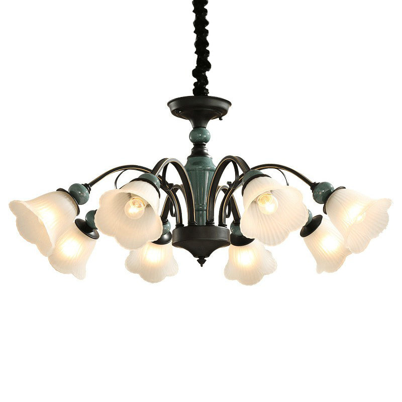 Floral Frosted Opal Glass Chandelier Pendant Light Vintage Living Room Hanging Light in Green Clearhalo 'Ceiling Lights' 'Chandeliers' 'Glass shade' 'Glass' Lighting' 2091871