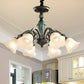 Floral Frosted Opal Glass Chandelier Pendant Light Vintage Living Room Hanging Light in Green 6 Green Down Clearhalo 'Ceiling Lights' 'Chandeliers' 'Glass shade' 'Glass' Lighting' 2091873