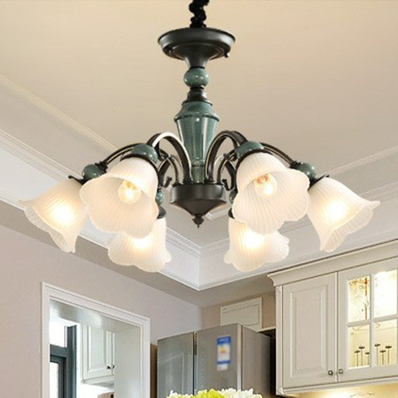 Floral Frosted Opal Glass Chandelier Pendant Light Vintage Living Room Hanging Light in Green 6 Green Down Clearhalo 'Ceiling Lights' 'Chandeliers' 'Glass shade' 'Glass' Lighting' 2091873