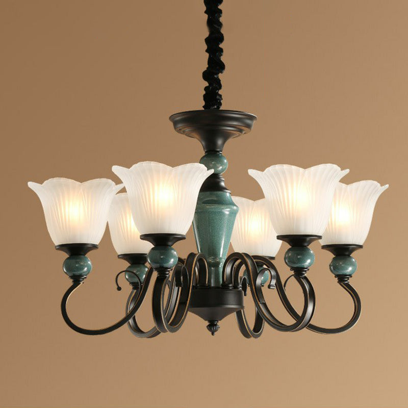 Floral Frosted Opal Glass Chandelier Pendant Light Vintage Living Room Hanging Light in Green 6 Green Up Clearhalo 'Ceiling Lights' 'Chandeliers' 'Glass shade' 'Glass' Lighting' 2091874