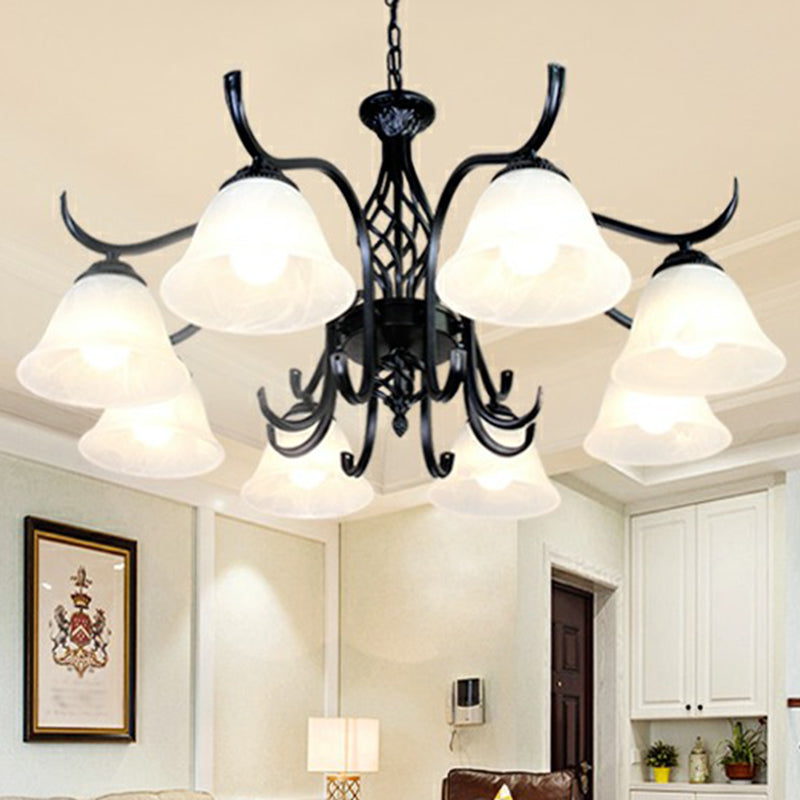 Rustic Bell Shade Ceiling Lighting Cream Glass Chandelier Light Fixture in Black for Bedroom 8 Black B Clearhalo 'Ceiling Lights' 'Chandeliers' 'Glass shade' 'Glass' Lighting' 2091927