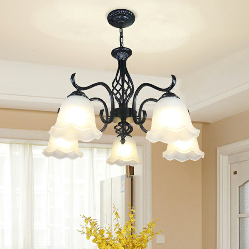 Rustic Bell Shade Ceiling Lighting Cream Glass Chandelier Light Fixture in Black for Bedroom 5 Black A Clearhalo 'Ceiling Lights' 'Chandeliers' 'Glass shade' 'Glass' Lighting' 2091932