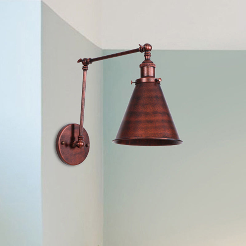 Farmhouse Style Cone Wall Sconce 1 Bulb Iron Wall Lighting Fixture in Black/Rust for Bedroom Rust Clearhalo 'Art deco wall lights' 'Cast Iron' 'Glass' 'Industrial wall lights' 'Industrial' 'Middle century wall lights' 'Modern' 'Rustic wall lights' 'Tiffany' 'Traditional wall lights' 'Wall Lamps & Sconces' 'Wall Lights' Lighting' 209194