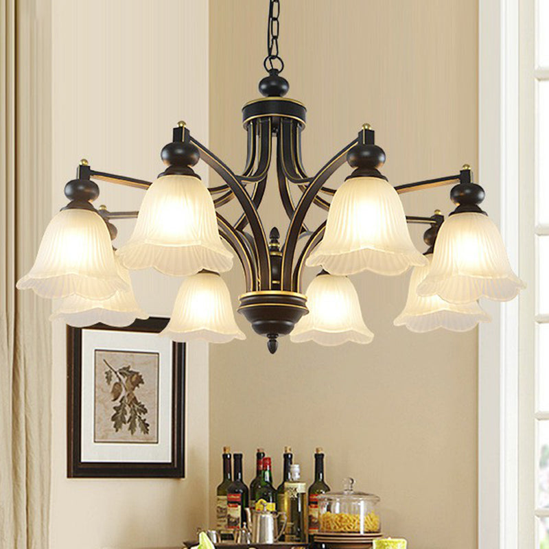 Opal Glass Flower Chandelier Light Retro Living Room Pendant Light Fixture in Black 8 Black Down Clearhalo 'Ceiling Lights' 'Chandeliers' 'Glass shade' 'Glass' Lighting' 2091947
