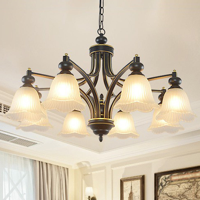 Opal Glass Flower Chandelier Light Retro Living Room Pendant Light Fixture in Black Clearhalo 'Ceiling Lights' 'Chandeliers' 'Glass shade' 'Glass' Lighting' 2091948