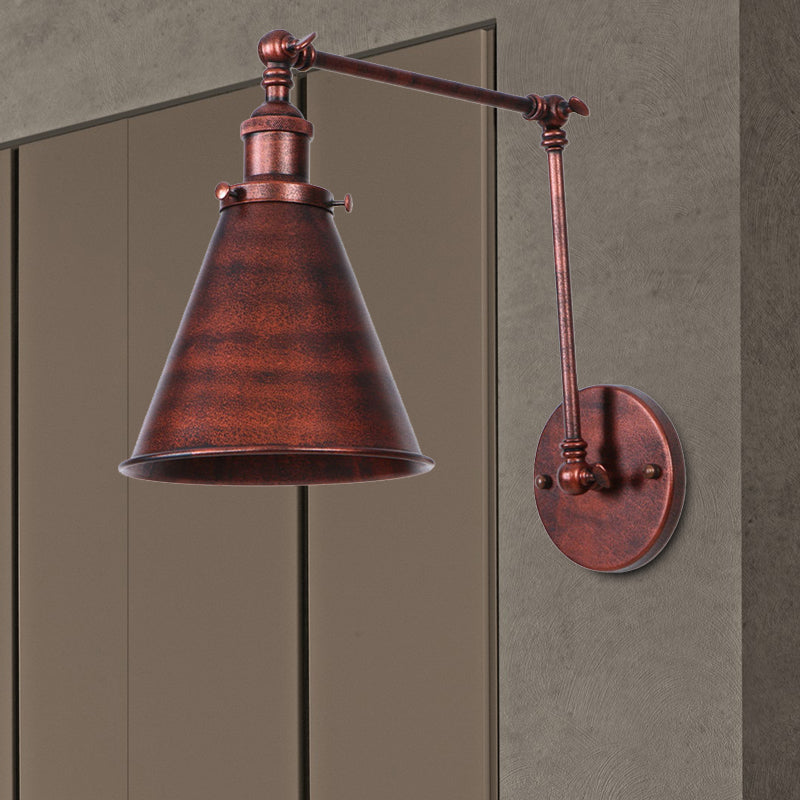 Farmhouse Style Cone Wall Sconce 1 Bulb Iron Wall Lighting Fixture in Black/Rust for Bedroom Clearhalo 'Art deco wall lights' 'Cast Iron' 'Glass' 'Industrial wall lights' 'Industrial' 'Middle century wall lights' 'Modern' 'Rustic wall lights' 'Tiffany' 'Traditional wall lights' 'Wall Lamps & Sconces' 'Wall Lights' Lighting' 209195