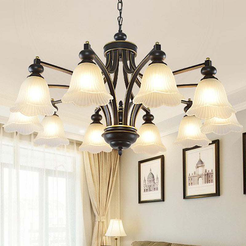 Opal Glass Flower Chandelier Light Retro Living Room Pendant Light Fixture in Black 10 Black Down Clearhalo 'Ceiling Lights' 'Chandeliers' 'Glass shade' 'Glass' Lighting' 2091951