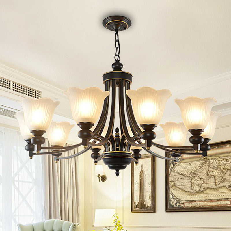 Opal Glass Flower Chandelier Light Retro Living Room Pendant Light Fixture in Black 10 Black Up Clearhalo 'Ceiling Lights' 'Chandeliers' 'Glass shade' 'Glass' Lighting' 2091953