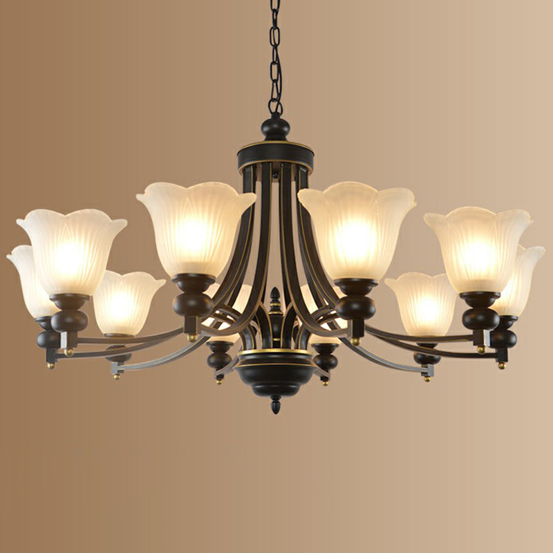 Opal Glass Flower Chandelier Light Retro Living Room Pendant Light Fixture in Black Clearhalo 'Ceiling Lights' 'Chandeliers' 'Glass shade' 'Glass' Lighting' 2091954