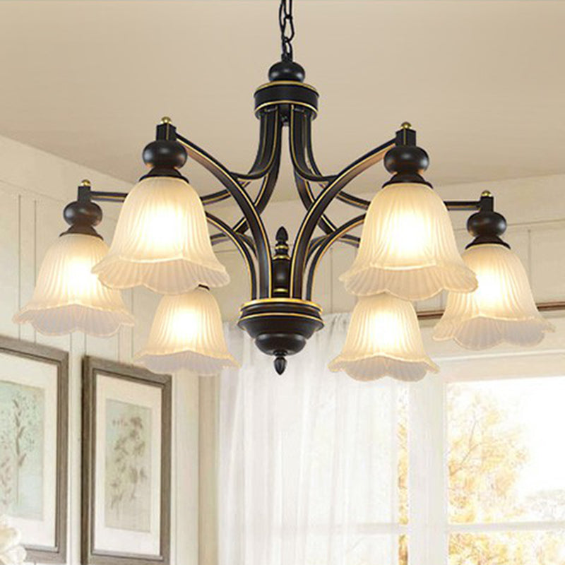 Opal Glass Flower Chandelier Light Retro Living Room Pendant Light Fixture in Black 6 Black Down Clearhalo 'Ceiling Lights' 'Chandeliers' 'Glass shade' 'Glass' Lighting' 2091955