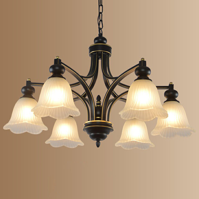 Opal Glass Flower Chandelier Light Retro Living Room Pendant Light Fixture in Black Clearhalo 'Ceiling Lights' 'Chandeliers' 'Glass shade' 'Glass' Lighting' 2091956