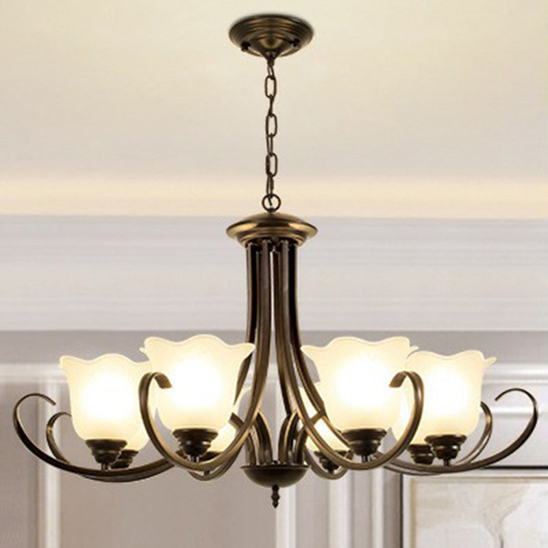 Classic Floral Chandelier Lighting Iron Pendant Light with Ruffled Cream Glass Shade Clearhalo 'Ceiling Lights' 'Chandeliers' 'Close To Ceiling Lights' 'Glass shade' 'Glass' Lighting' 2091973