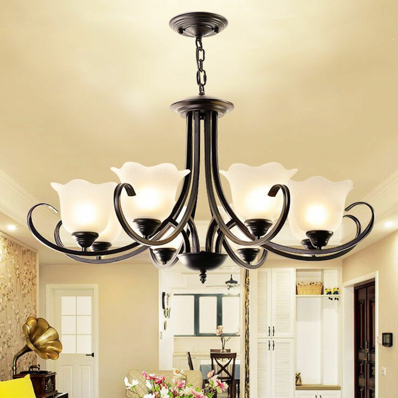 Classic Floral Chandelier Lighting Iron Pendant Light with Ruffled Cream Glass Shade Clearhalo 'Ceiling Lights' 'Chandeliers' 'Close To Ceiling Lights' 'Glass shade' 'Glass' Lighting' 2091974
