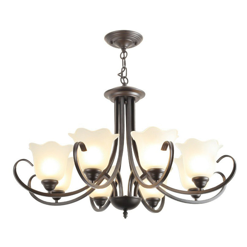 Classic Floral Chandelier Lighting Iron Pendant Light with Ruffled Cream Glass Shade Clearhalo 'Ceiling Lights' 'Chandeliers' 'Close To Ceiling Lights' 'Glass shade' 'Glass' Lighting' 2091976
