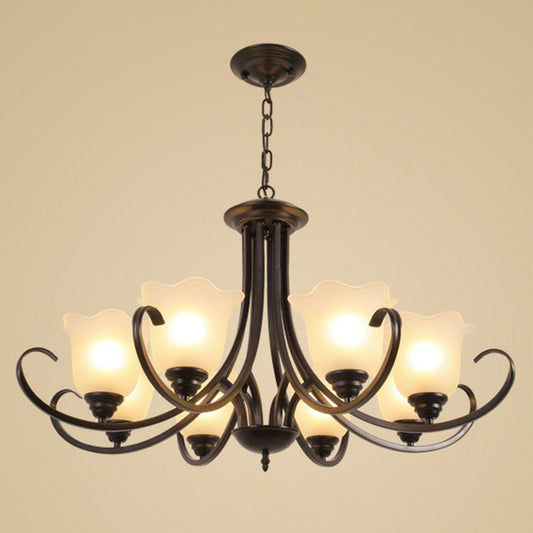 Classic Floral Chandelier Lighting Iron Pendant Light with Ruffled Cream Glass Shade 8 Black Clearhalo 'Ceiling Lights' 'Chandeliers' 'Close To Ceiling Lights' 'Glass shade' 'Glass' Lighting' 2091977
